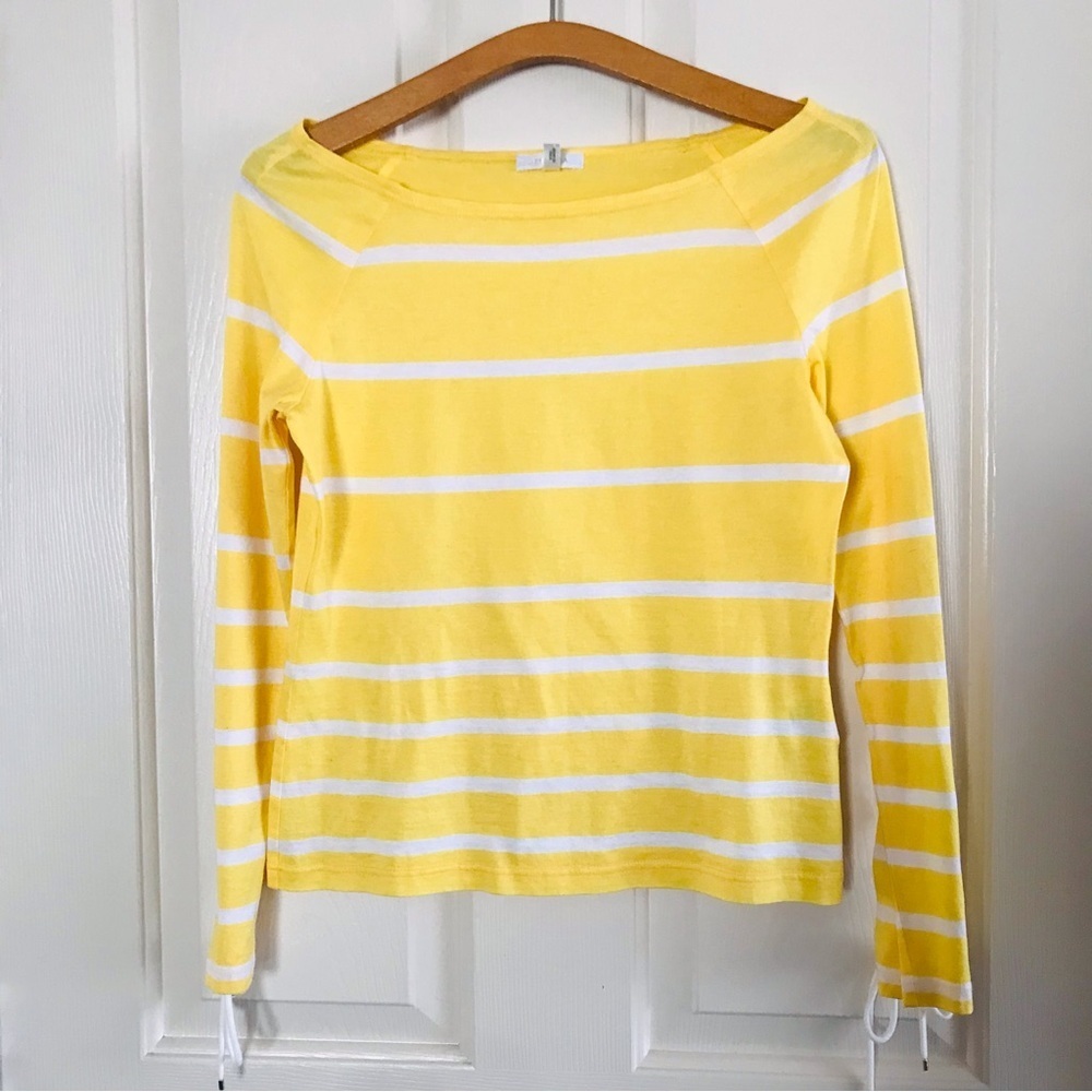 ESCADA Long Sleeve Boat Neckline Shirt Lace Sleeve Yellow Stripe Size 36